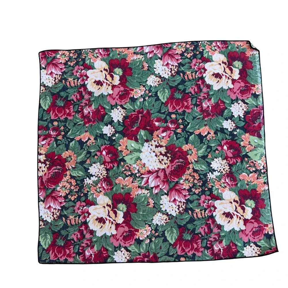 Vintage Floral Cloth Napkins Set of 13 Green Red Rose Botanical Table Linens